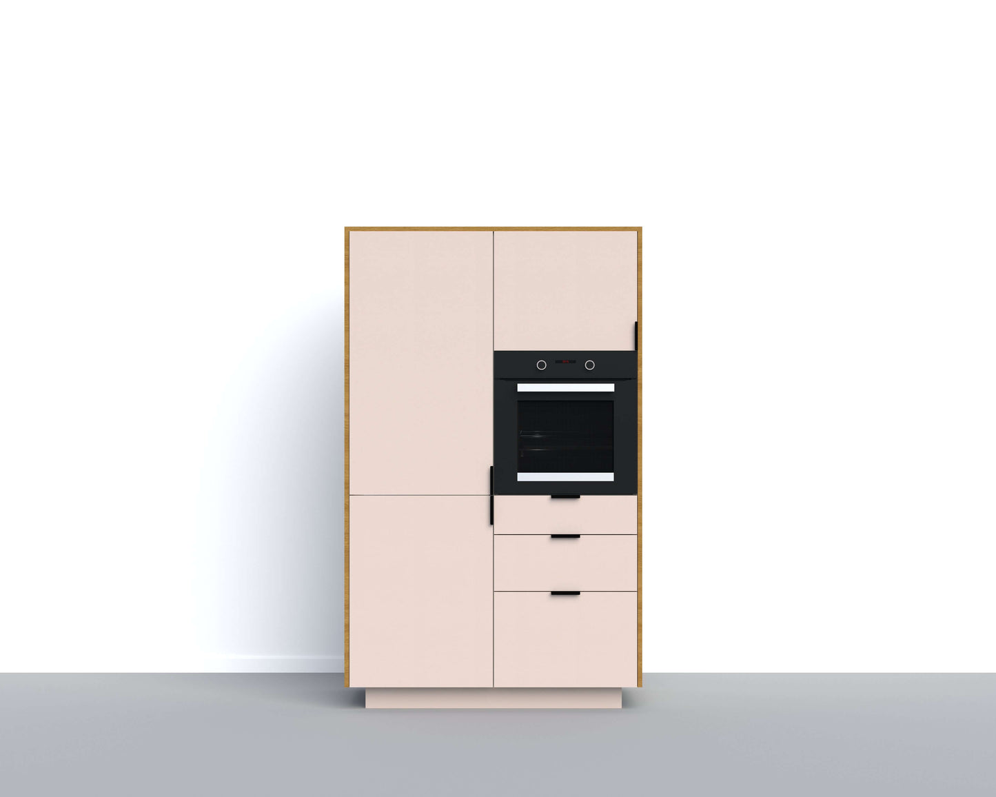 Flexible and sustainable tall cabinet module that can connect up to three tall cabinets into a compact and stylish unit, suitable for integration of oven and fridge-freezer combination.