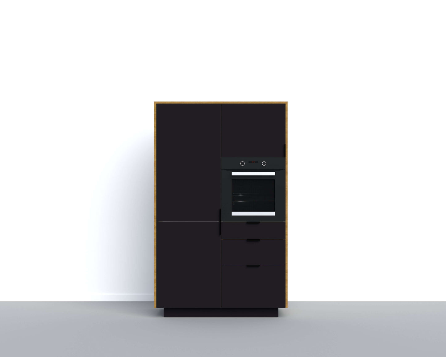 Flexible and sustainable tall cabinet module with space for oven and refrigerator-freezer combination, designed for BB Unit modular kitchen but also compatible with existing kitchens.