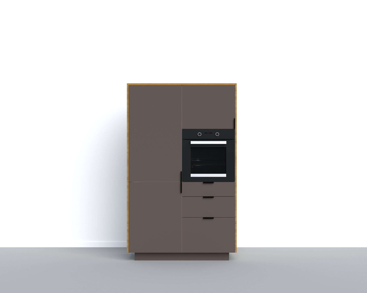 Flexible and sustainable tall cabinet module for kitchen expansion, with integrated oven and refrigerator-freezer options, customizable door openings, and high-quality Forbo linoleum fronts for a stylish and eco-friendly design.