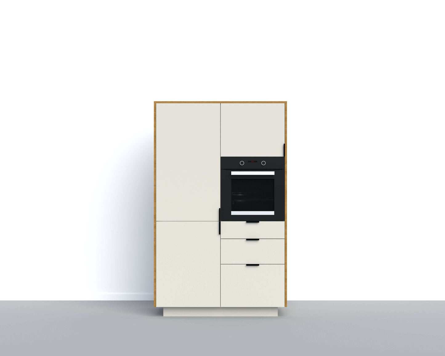 Flexible and sustainable kitchen module with oven and refrigerator-freezer integration, featuring durable Forbo linoleum fronts.