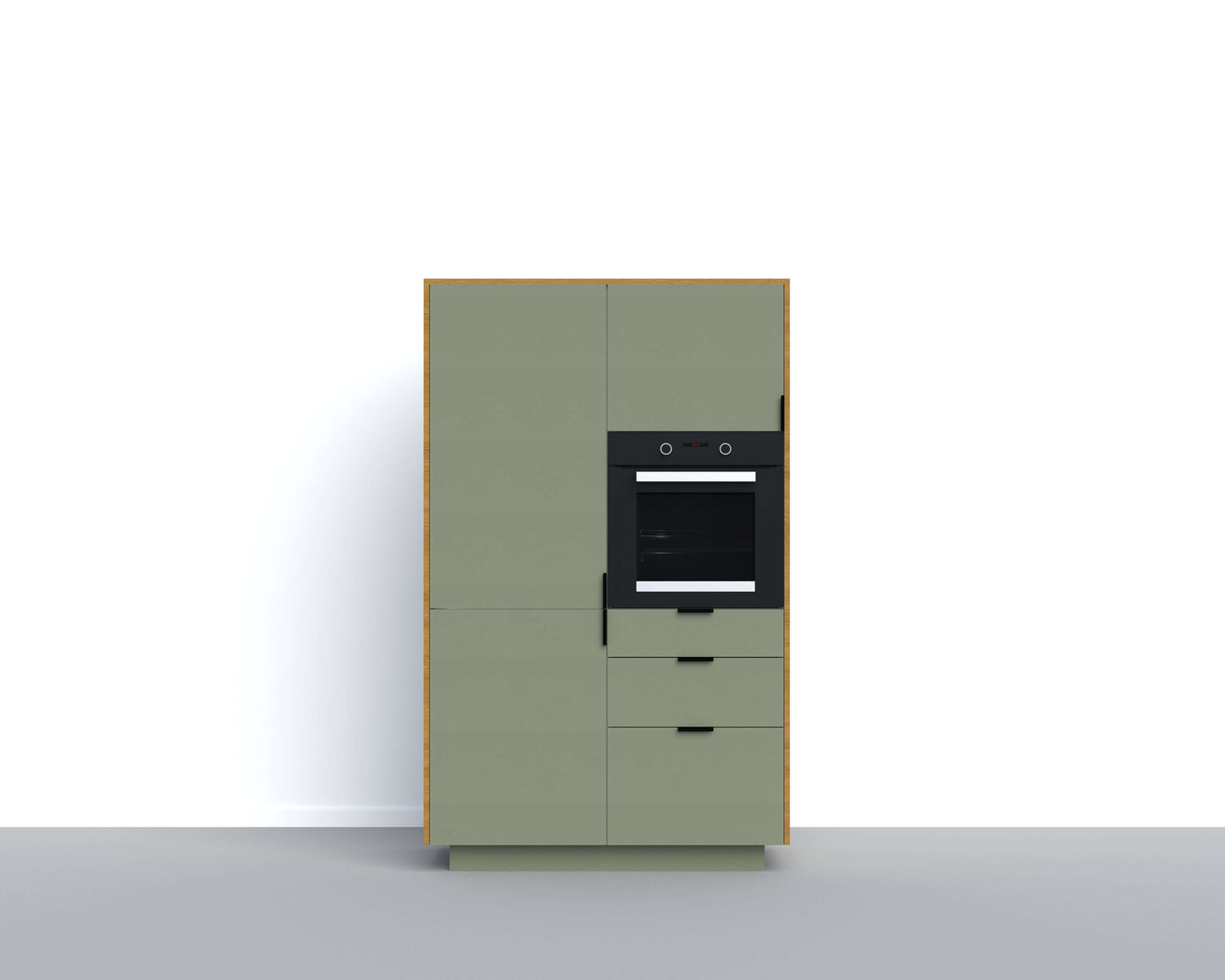 Freestanding modular kitchen cabinet with integrated oven and refrigerator-freezer combination.