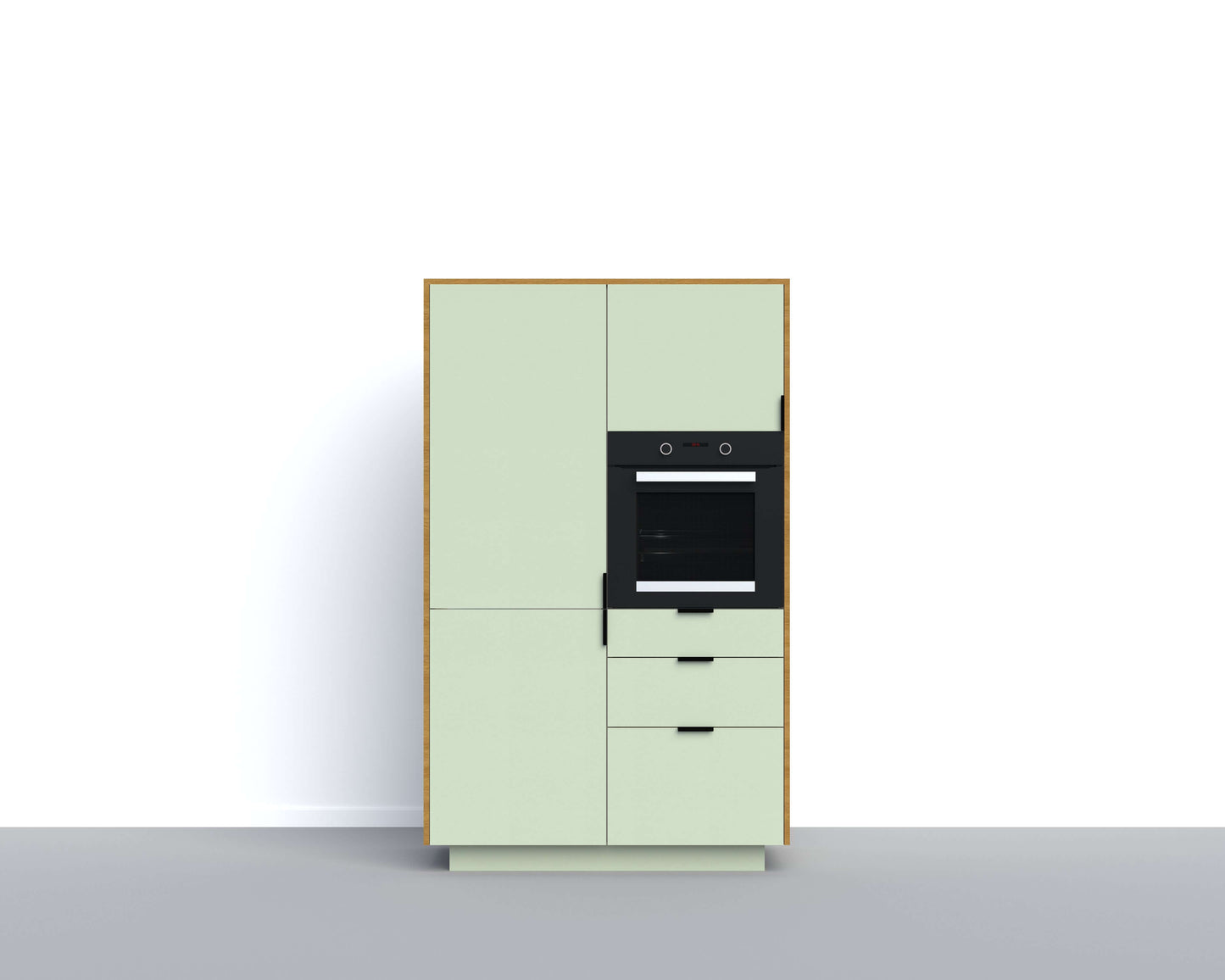 Flexible and sustainable tall cabinet module in mint green color with oven and refrigerator-freezer integration option.