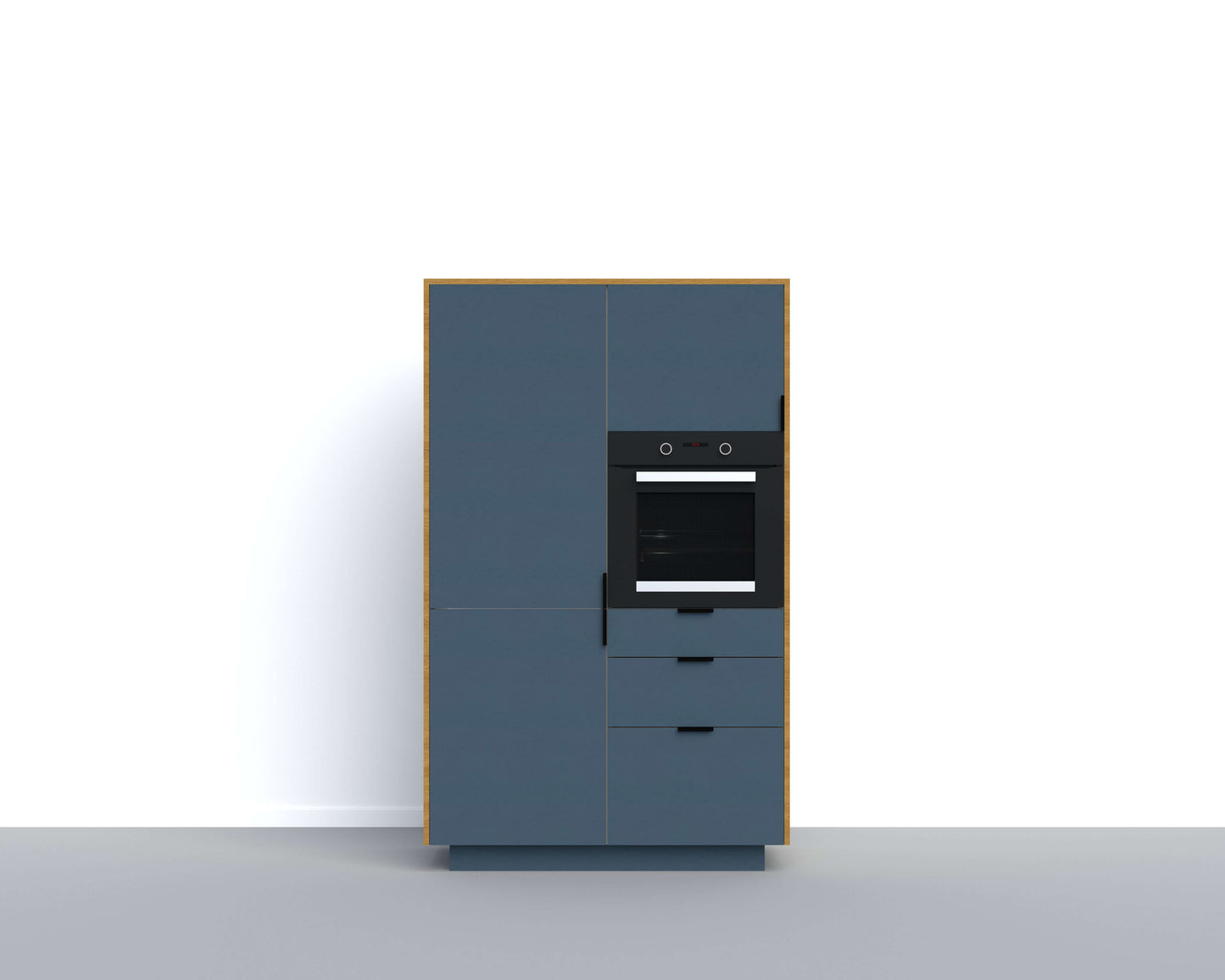 Modular kitchen cabinet unit with integrated oven and fridge-freezer.