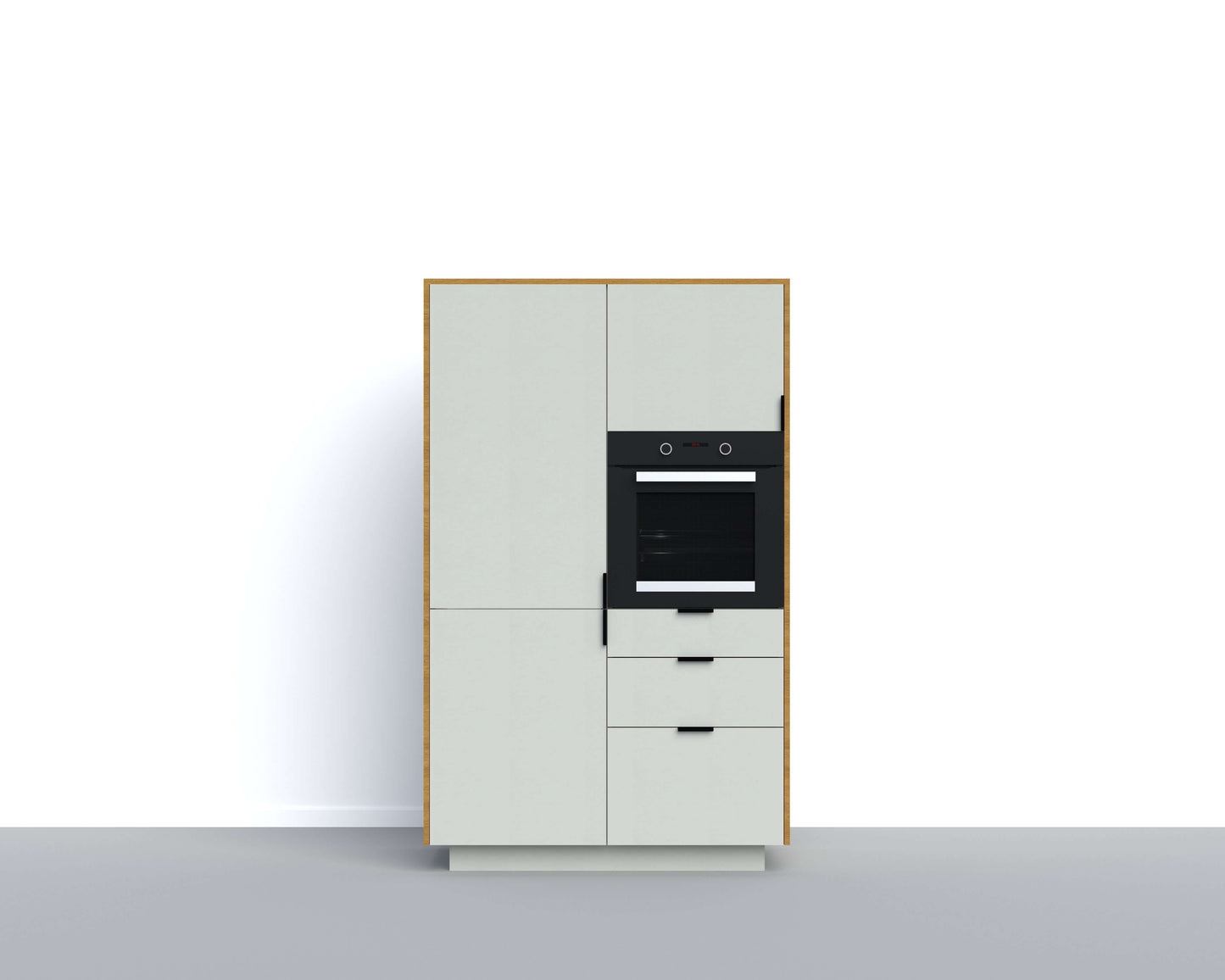 Flexible and sustainable freestanding kitchen cabinet module with integrated oven and refrigerator-freezer.