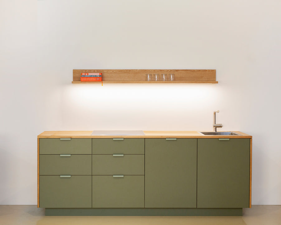 Compact kitchen unit with modular design, featuring sleek green cabinets, wooden countertop, and integrated appliances.