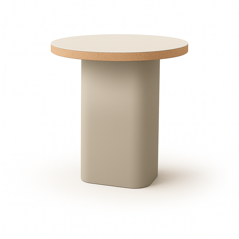 
                  
                    sidetable in grauem Linoleum mit Kork kante und weißem hintergrund
                  
                