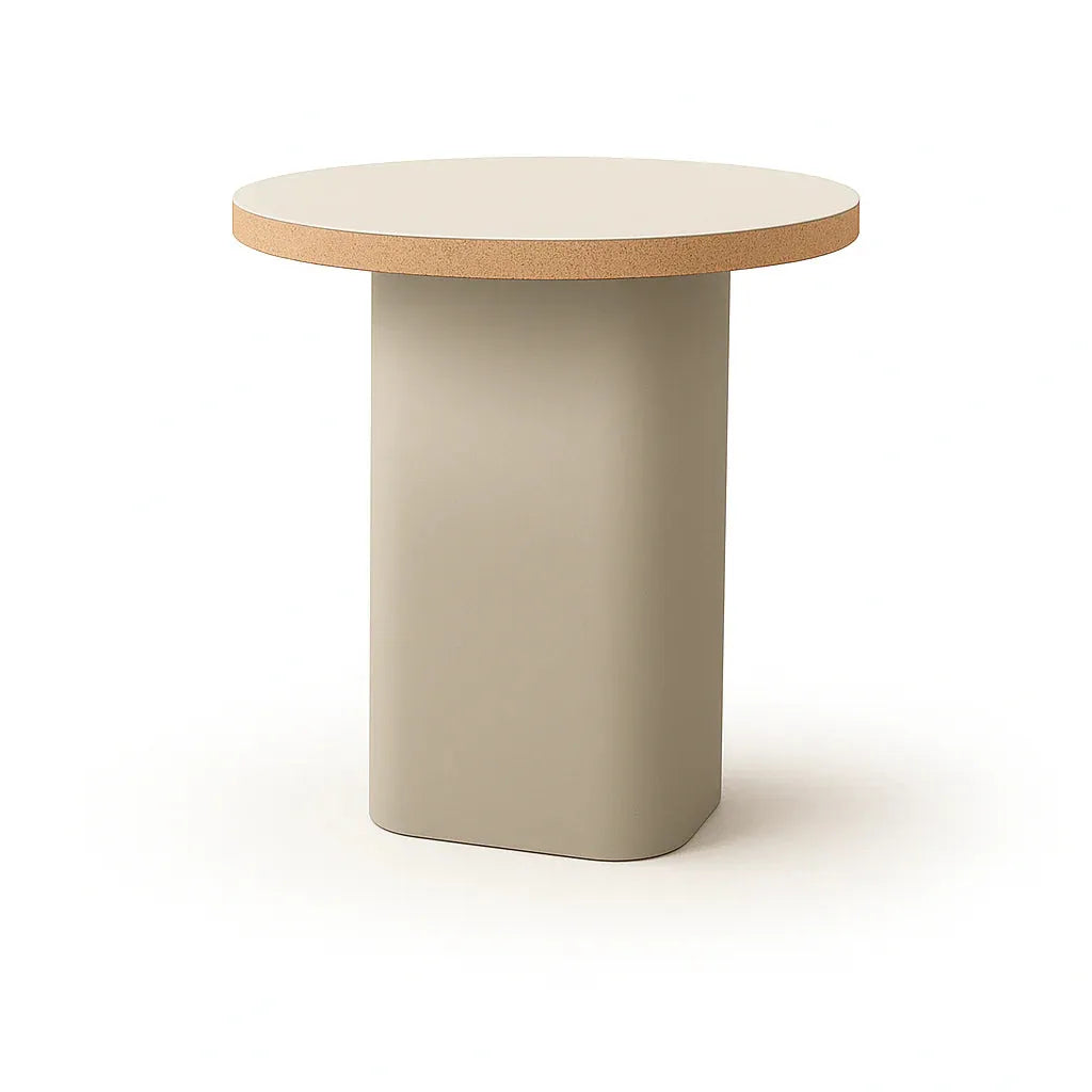 Beistelltisch mit runder Tischplatte in grauem Linoleum mit Korkkante