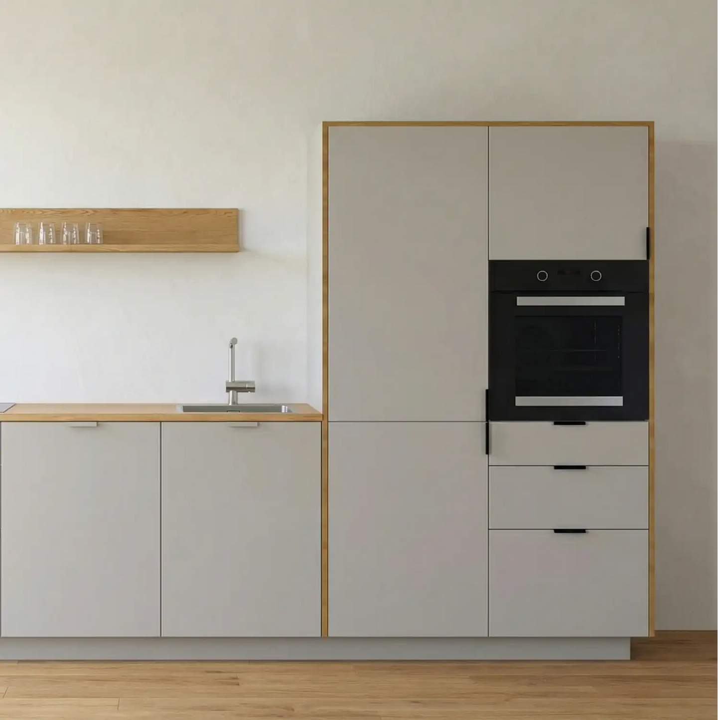 Küchenhochschrank BB Maxi in Linoleum mit Herd.