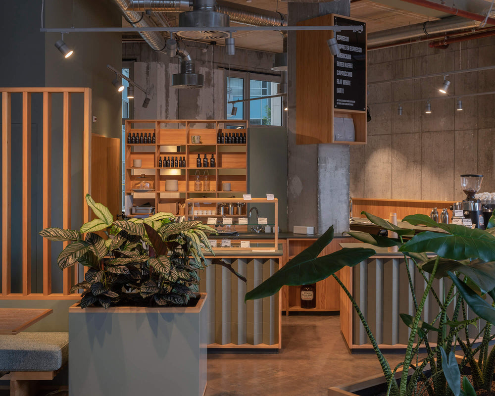 Sicht auf ein Café mit Tischen, Pflanzen, Tresen und Sichtbetonwand